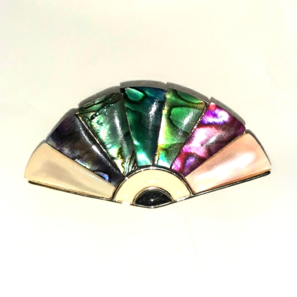 Vtg Signed LP MOP Fan Brooch